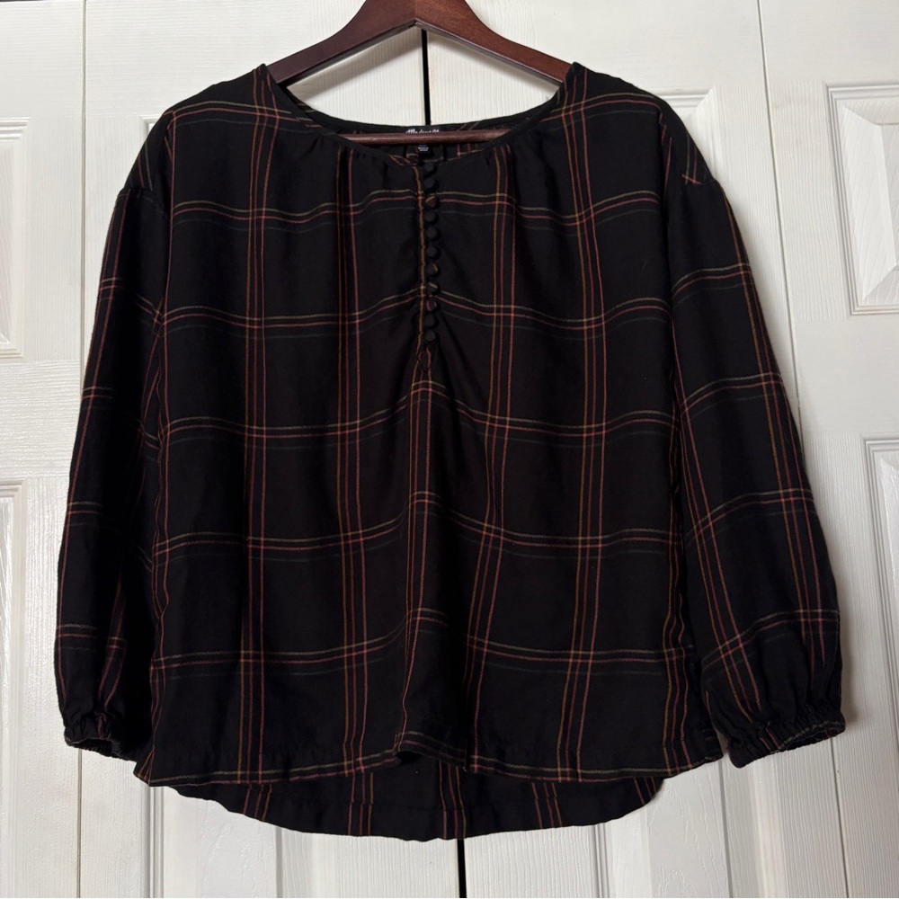 Madewell Shirred Peasant Long Sleeve Half Button Top in Windowpane - True Black